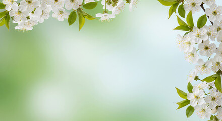 Fototapeta premium A green background with a white flower on it. The flower is in the center of the image and is surrounded by other flowers. The image has a peaceful and calming mood