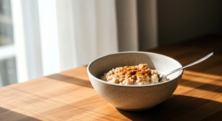 A bowl of creamy oatmeal,sprinkled with cinnamon and accompanied by spoon,rests on wooden table bathed in the soft,diffused light from nearby window.Christmas and new year mood,copy space.
