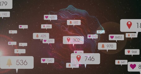 Floating digital notification bubbles occupying cosmic-themed background, with heart bell pin icons