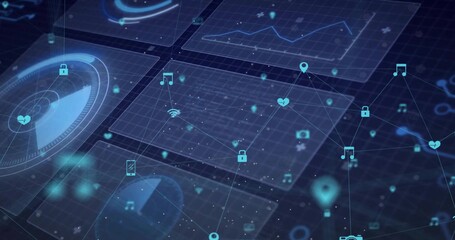 Floating holographic network graph over grid in interface, with icons, glowing lines and particles