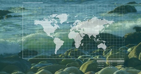 Displaying clear grid overlay showing world map with timestamp entries and hex codes at rocky beach