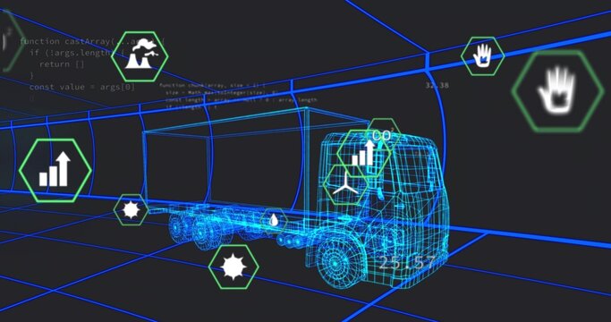 Fototapeta Rendering semi-trailer truck wireframe in grid space, featuring hexagon icons and overlaid code