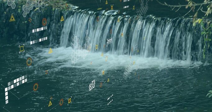 Fototapeta Cascading waterfall flowing over low concrete barrier in garden stream, with hexagon grid overlay