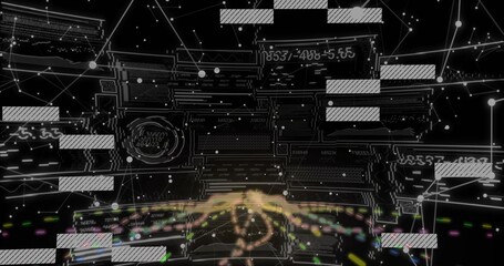 Emitting golden particle stream arcing in VR interface with network nodes and numeric code snippets