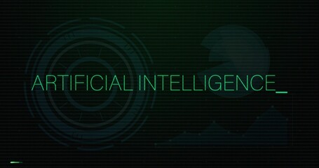 Displaying neon-green text reading ARTIFICIAL INTELLIGENCE_ on grid circle, with robot silhouette