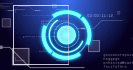 Displaying interface with glowing HUD rings and scanning frame, lines, squares and timestamp text