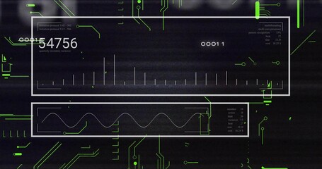 Displaying white displays showing numeric readouts and waveform on dark neon circuit background