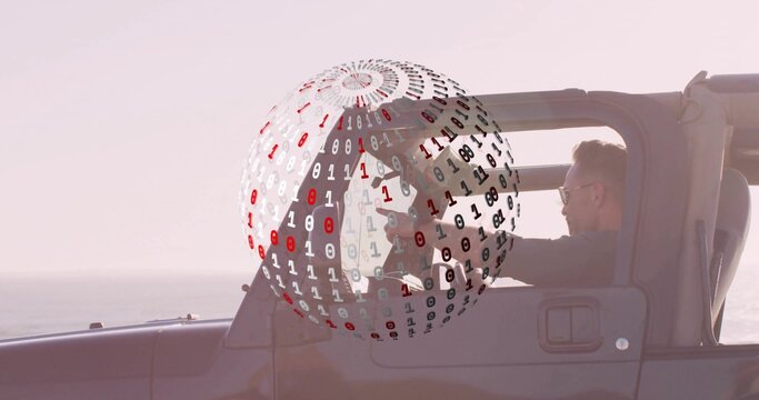 Driving man with sunglasses in open-top SUV on coastal road with binary sphere graphic, copy space - Powered by Adobe