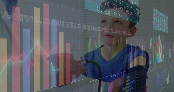 Doctor wrapping blood pressure cuff around boy's arm with stethoscope in clinic, with data overlays