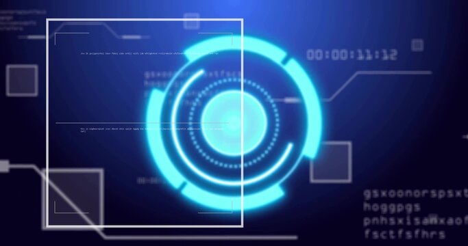 Displaying interface with glowing HUD rings and scanning frame, lines, squares and timestamp text