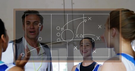 Coaching three players wearing jerseys observing play tactics on glass board in gym, with whistle