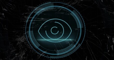 Displaying stylized digital eye icon on grid display, with segmented UI circles and glitch lines