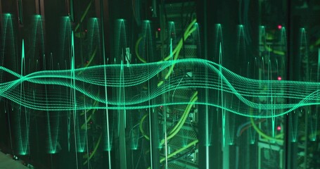 Displaying server racks streaming data in data center, with patch cables, LEDs and waveform overlay © vectorfusionart