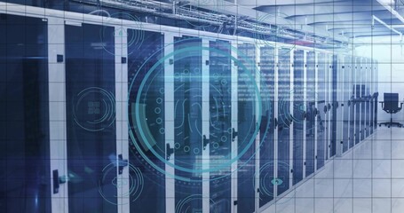 Lining server racks stretching data center corridor, with overhead cable trays and digital overlay