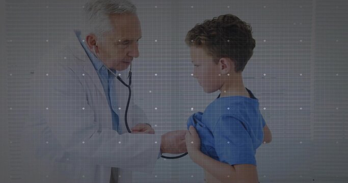Listening doctor in lab coat holding stethoscope against boy patient chest in clinic room, checkup - Powered by Adobe