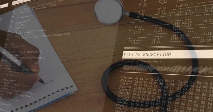 Holding pen, doctor inputting patient data into notebook on desk, with stethoscope and code overlay - Powered by Adobe