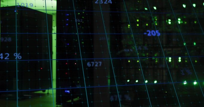 Server racks streaming metrics on digital grid overlay in data center, with blinking LED indicators