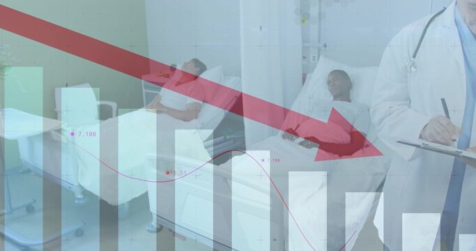 Reclining patients, doctor in lab coat writing on clipboard in ward, bar chart red arrow overlay