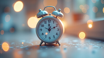 Classic silver alarm clock stands prominently against a backdrop of soft bokeh lights creating a