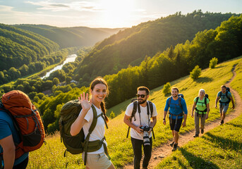 Smiling woman hiker with backpack looking at camera with group of friends hikers rises to the top of the hill