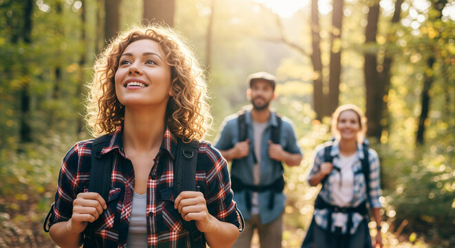 Smiling woman hiker with backpack looking at camera with group of friends hikers rises to the top of the hill - Powered by Adobe