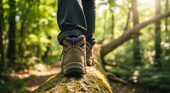 Hiking boots for trekking over forest logs and climbing steep mountain trails, focusing on boots.