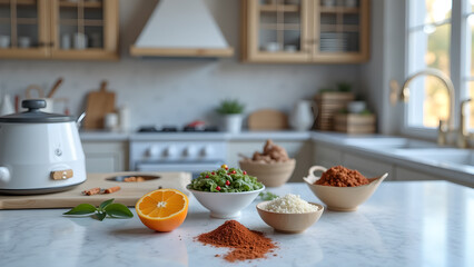 Culinary preparation with rice cooker and vibrant ingredients display on a kitchen countertop