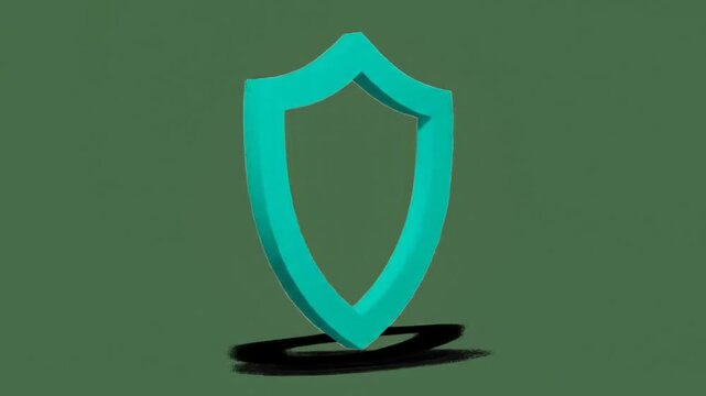 A 3D teal shield casts a shadow on a green background