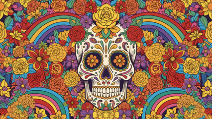 Vibrant Day of the Dead Sugar Skull with Colorful Floral Pattern and Rainbows