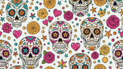 Vibrant Mexican Sugar Skull Seamless Pattern with Floral and Heart Motifs