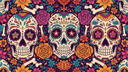 Vibrant Day of the Dead Sugar Skulls Seamless Pattern with Colorful Flowers and Bones