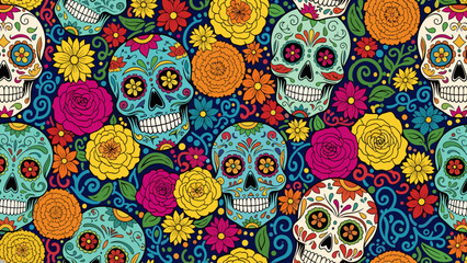 Vibrant Day of the Dead Sugar Skull and Floral Seamless Pattern Background