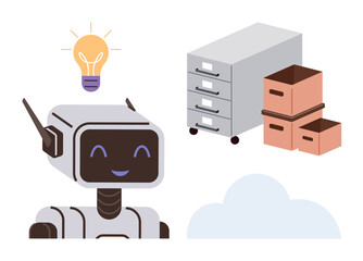 Smiling robot with a glowing lightbulb, file cabinet, and storage boxes symbolizing ideas, automation, innovation, data management, technology, organization, and future-thinking within a simple flat