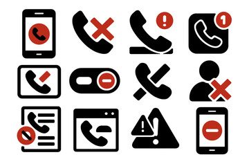 Busy Signal UI silhouette set: smartphone busy screen, call rejected icon, busy line notification, phone app with red badge, call declined pop-up, busy status toggle, do not