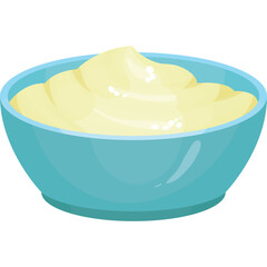 A light yellow creamy substance fills a cyan bowl with a white rim and a transparent background perfect for design.