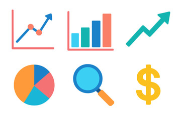 Market trends flat icons: line chart, bar graph, upward arrow, pie chart, magnifying glass, dollar sign.