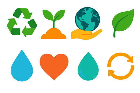 Reclaiming flat icons: recycle, sprout, hand, globe, leaf, droplet, heart, arrows loop.