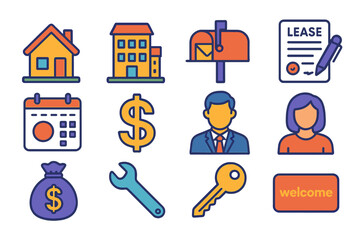 Residential Leasing Set flat icons: house, apartment building, mailbox, lease form, rent due calendar, dollar symbol, property agent, tenant avatar, security deposit bag,