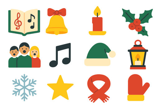 Christmas Carols Classic &mdash; Cozy Flat Icons flat icons: songbook, bell, candle, holly sprig, choir group, music note, caroler hat, lantern, snowflake, star, scarf, mitten.