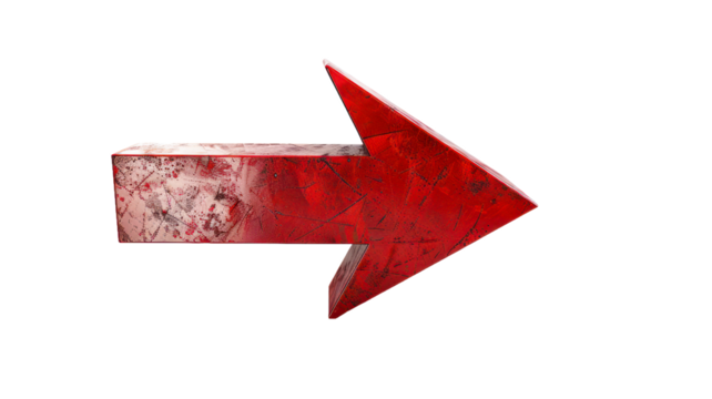 A bold red arrow is directed towards the right on a clean white surface, showcasing its three-dimensional design and texture. /CUT OUT isolated PNG file/
