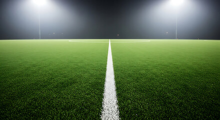 Football Field at Night A Perspective View of the Center Line with Bright Lights Illuminating the Green Turf
