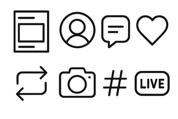 Social Media outline icon set: feed layout, user story ring, chat message, like heart, repost icon, photo camera, trending tag, live stream badge.