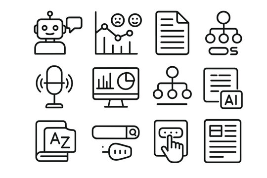 Applied NLP outline icon set: chatbot, sentiment graph, transcript sheet, voice input, analytics dashboard, language model, keyword tag, search bar, AI processor, dictionary,