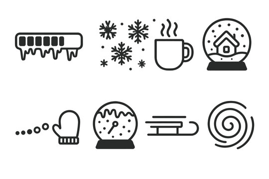 Winter Loading Animations outline icon set: icy progress bar, falling snowflakes, mug of cocoa steam loop, snow globe spinner, mitten loading dots, frozen timer ring, sled slide