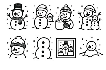 Snowman Traditions set of icons in doodle hand-drawn vector style: festive snowman, neighborhood contest, snowman with cocoa, joyful builders, snow-covered hat, frosty buttons,