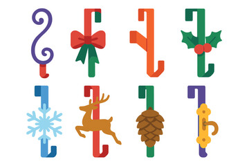 Obraz premium Christmas Wreath Holders flat icons: ornate metal hook, wreath ribbon tie, over-door mount, holly accent hanger, snowflake hook, reindeer clasp, pinecone clip, decorative latch.
