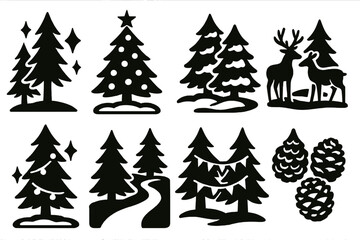 Obraz premium Christmas Tree Forest silhouette set: tall evergreens, glitter ornaments, snow-covered ground, reindeer pair, golden lights, holiday trail, festive garlands, pinecones.