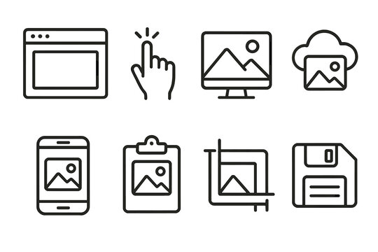 Digital snapshot outline icon set: screenshot window, cursor click, monitor with image, mobile phone capture, cloud with photo, clipboard copy, cropped image, save disk.