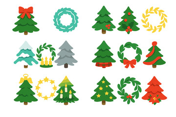 Obraz premium Classic Tree and Wreath Pairings flat icons: traditional green tree with red bow wreath, frosted tree with tinsel wreath, pine tree with holly berry wreath, gold-decorated tree