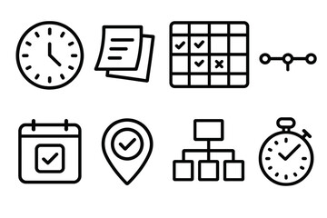 Fototapeta premium Work Scheduling outline icon set: clock face, sticky notes, planner board, timeline icon, digital calendar, task marker, organization chart, time tracker.